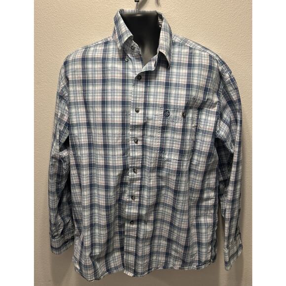 Wrangler George Strait Plaid Shirt Long Sleeve Cowboy Cut Collection L Blue Rode - Picture 1 of 5